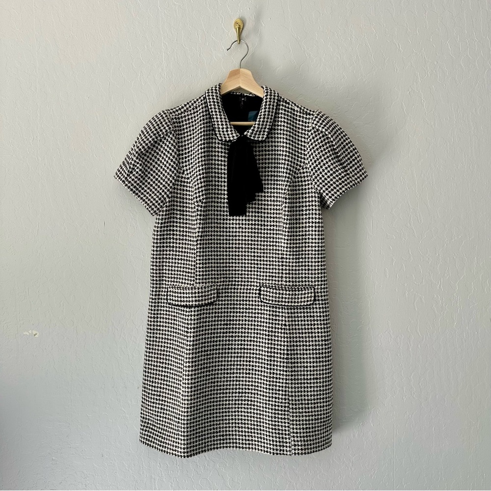 Modcloth Black and White Puff Sleeve Sheath Dress with Bow Tie